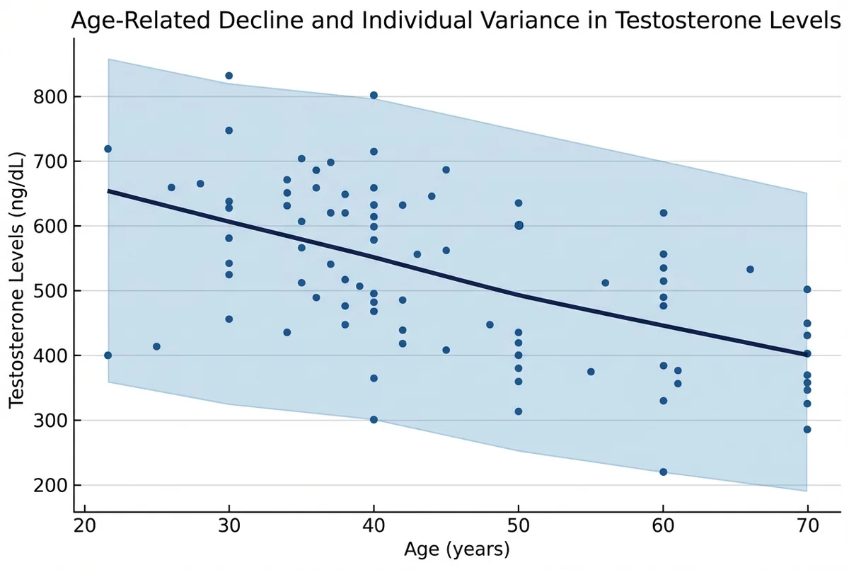 Graph showing testosterone decline by age with population variance